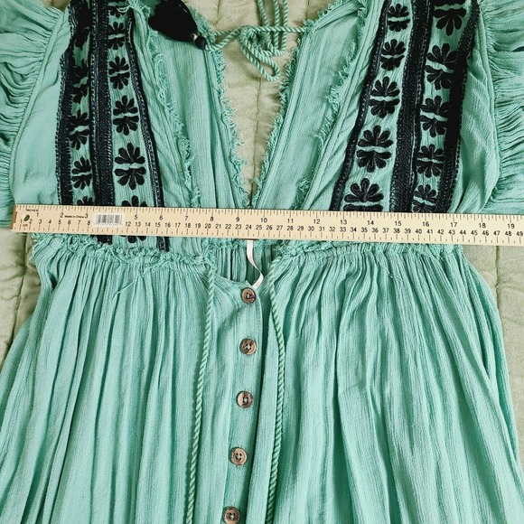Free People Will Wait For You Boho Embroidered Midi Dress Green Gauze Flowy XS - Picture 9 of 10
